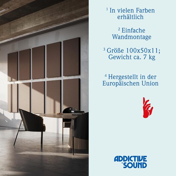 Акустична панель Addictive Sound Schallabsorber Wand Standard для стін та стелі, звукопоглинаюча панель класу A, світло-сіра, 100x50x11 см