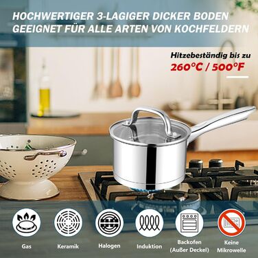 Каструля Homikit 8 см, 2.8 л, нержавіюча сталь з кришкою, для плити (індукція), 3-шарове дно, 8 см