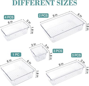 WOWBOX 4-Piece Plastic Drawer Organizer Set, 4 Sizes, Desk Drawer Dividers, Organizer and Storage Containers for Makeup, Jewelry, Bathroom, Office (Transparent, 13)