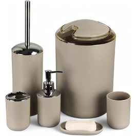 Набір аксесуарів для ванної кімнати 6tlg Badset: мильниця, стакан для зубних щіток, контейнер для косметики, щітка для унітазу з тримачем, мильниця, сміттєвий бак, тримач для зубних щіток, повна ванна кімната (бежевий дизайн 3)
