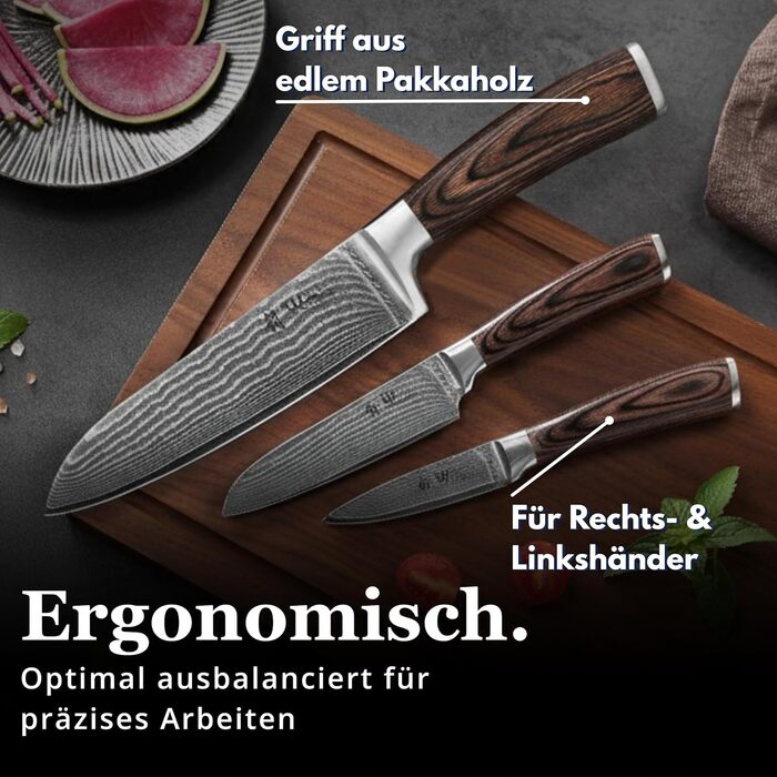 Набір кухонних ножів Wakoli EDIB Damast VG10 (3 шт.) в дерев'яній подарунковій коробці - гострі, ергономічні, з ручками Pakkawood