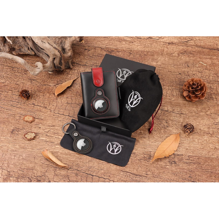 Will Fire® AirTag Wallet with Photo Pouch | Includes AirTag Attachment | Genuine Leather Wallet with Coin & Bill Compartments | Extra Secured RFID Card Holder | Space for up to (12) Cards | [Black-Red, Smooth Leather]