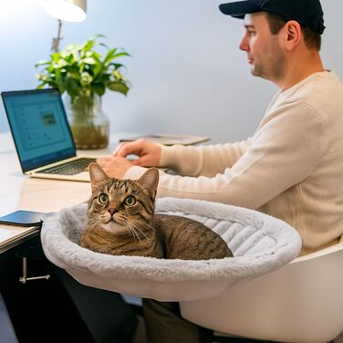 Крісло-гамак для кота на стіл - обертається на 360° та регулюється по висоті, зручний котячий кошик, знімний стійкий підставник, м'яка котяча гамачок для дому та офісу (Білий) (Сірий)