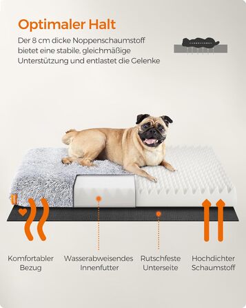 Feandrea Dog Bed, Orthopedic Dog Cushion, Padded with Visco-Elastic Foam, Removable and Washable Cover, Size M, for Small and Medium Dogs, 80 x 50 x 8 cm, PGW211G02 (L 80 x W 50 x H 8 cm, Ombré Gray)