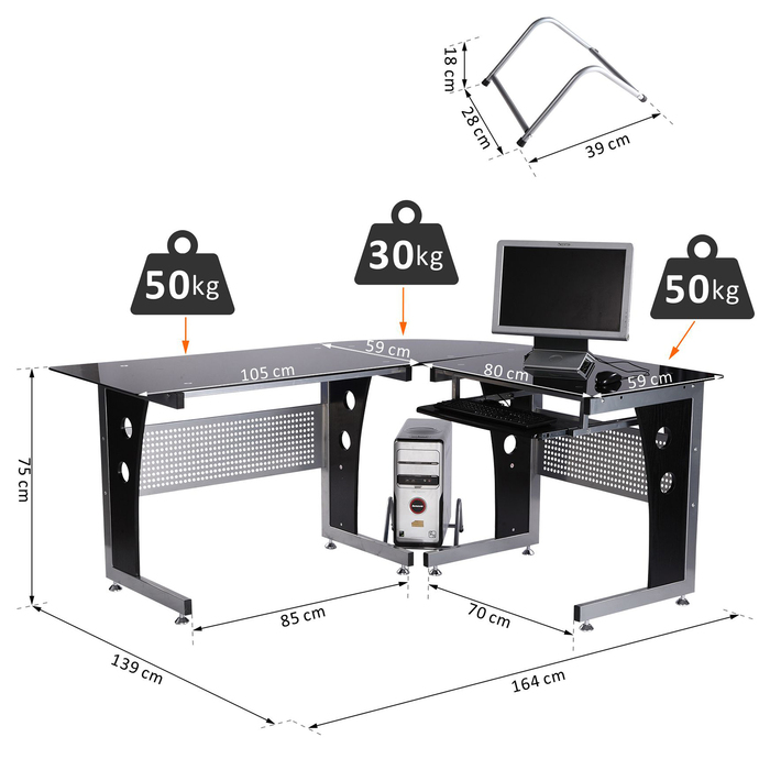 HOMCOM L-Shaped Corner Desk with Black Safety Glass 164x139x75 cm, stylish workspace for home office