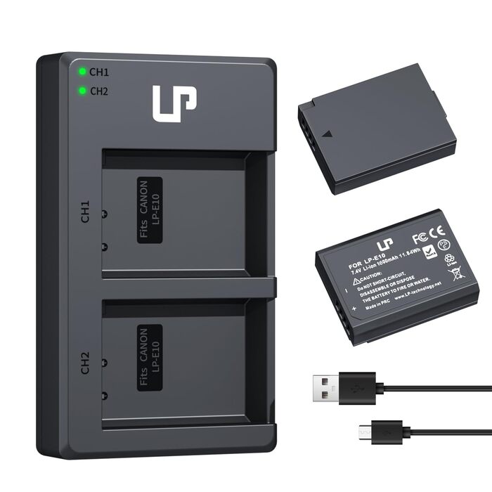 Комплект акумуляторів LP-E10 (2 шт) та подвійний зарядний пристрій 1600mAh для Canon EOS Rebel T7, T6, T5, T3, T100, 4000D, 3000D, 2000D, 1500D, 1300D