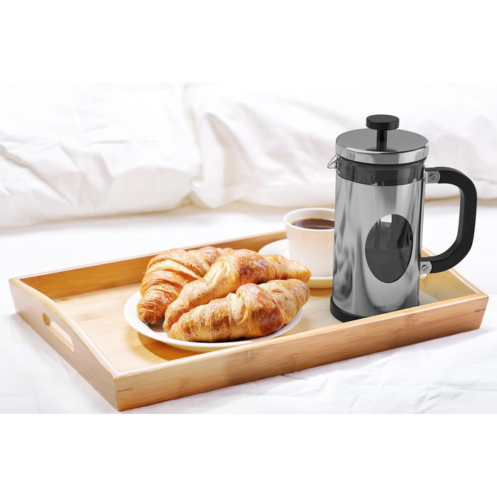 bonVIVO GAZETARO French Press - кавоварка френч-прес з нержавіючої сталі, скляна колба, 8 чашок (срібло)