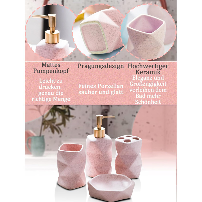 Набір для ванної кімнати 4 предмети, кераміка, рожевий: дозатор для мила, мильничка, стакан для зубних щіток, підставка для зубних щіток - декор для ванної