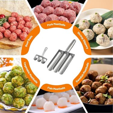 Форма для фрикадельок з нержавіючої сталі Quixotic, 3-в-1, ручна для м'яса, риби та креветок