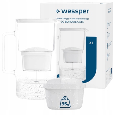 Скляний фільтр-кувшин Wessper D2 з боросилікатного скла, 3 л, білий + 2 фільтри у комплекті