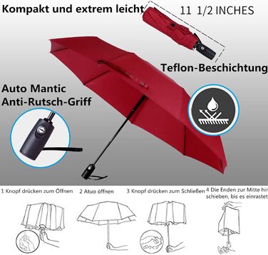 AMVUZ Парасолька штормостійка туристична вітростійка автоматична складана, 210T тефлонове покриття (червона)
