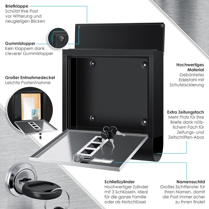 Поштова скринька KESSER® з газетницею та іменним шильдиком, нержавіюча сталь, матова, з оглядовим вікном, 3 ключі, порошкове покриття, настінний монтаж, велика, з матеріалом для монтажу (Чорний / Срібний)