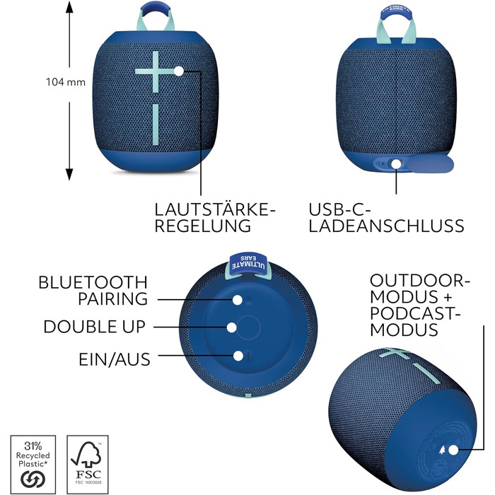 Портативна Bluetooth колонка Ultimate Ears WONDERBOOM 4 (Синій) - Водонепроникна, пилозахищена, з радіусом дії 40м та об'ємним звуком 360°