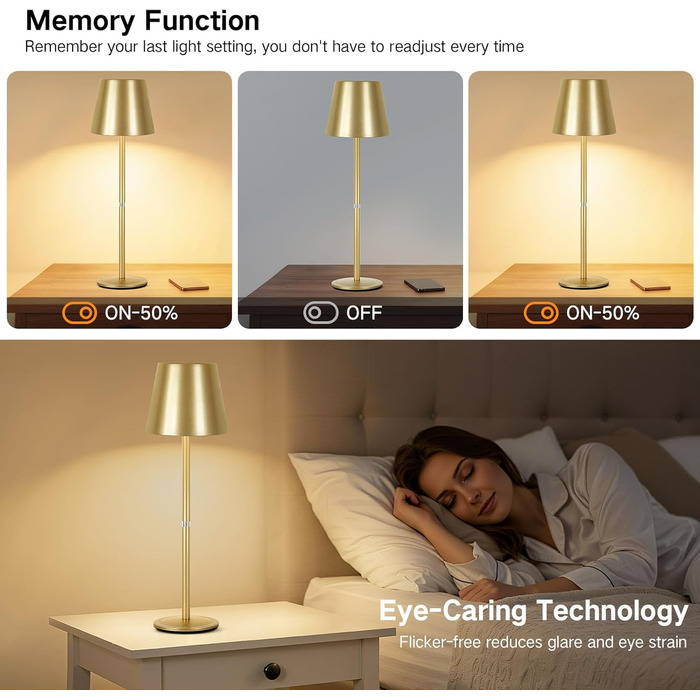 LED настільна лампа OUTON 2 шт. Бездротова, з регулюванням яскравості, 3 режими кольору, USB-C, IP54, 30 годин роботи, для дому та вулиці, чорний/золотий