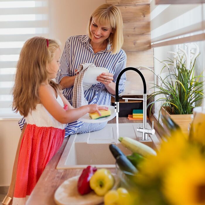 3-шляховий змішувач для кухні з поворотним гусаком 360°, 2 функції (злив/душ), 3-в-1, з двома ручками, для фільтрації води, з міді та нержавіючої сталі, хром, з магнітною насадкою для душу