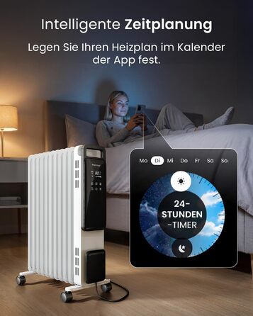 Розумний електричний масляний радіатор Pro Breeze 2500W, 11 секцій, з керуванням через Wi-Fi/App, термостатом, таймером на 24г та сенсорним дисплеєм, білий