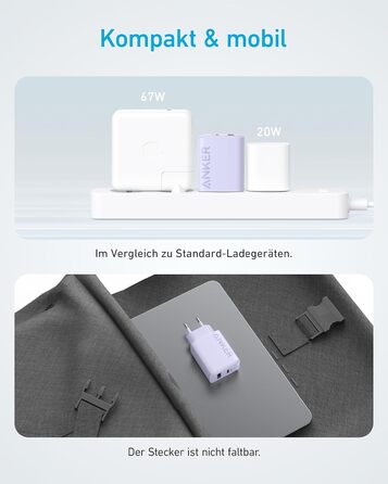 Зарядний пристрій Anker 20W USB-C, адаптер живлення для iPad, швидка зарядка, сумісний з iPhone 17/16/15 (з кабелем USB-C 150см), фіолетовий