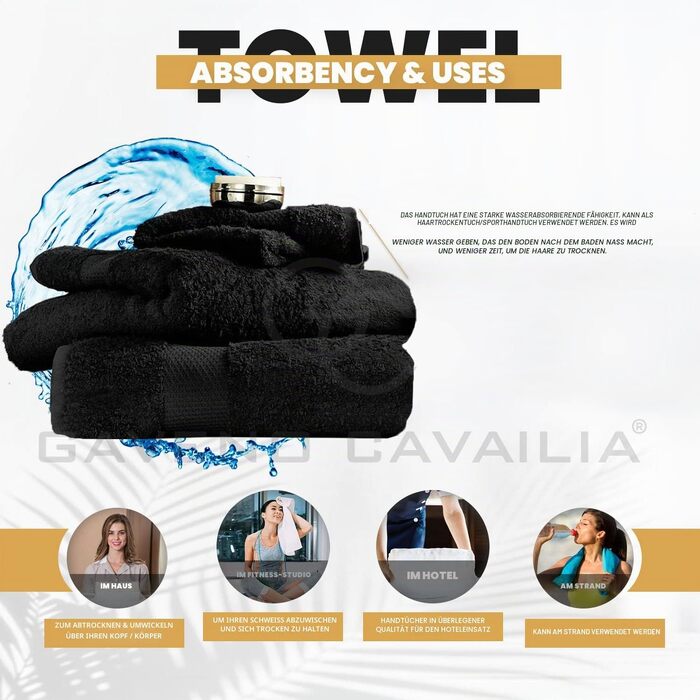 Набір рушників для ванної GC GAVENO CAVAILIA з єгибаської бавовни, 4 шт., готельна якість, чорні, 50 x 85 см, щільність 700 г/м²