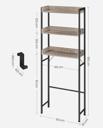 VASAGLE Toilet Shelf, 3 Tiers, Bathroom Shelf, Space-Saving, Easy to Assemble, for Laundry Room, Industrial Style, Rustic Brown and Black, BTS002B01 (Grey + Black)