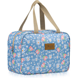 Велика косметичка для подорожей, жіноча косметичка-органайзер, косметичка для макіяжу з ручкою, #9 Листя (світло-блакитні квіти)