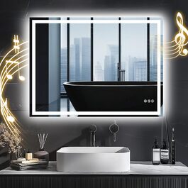 Дзеркало для ванної кімнати зі світлом, 70x50 см, з сенсорним вимикачем, проти запотівання, 3 кольори світла, регулювання яскравості, Bluetooth (80x60 см)