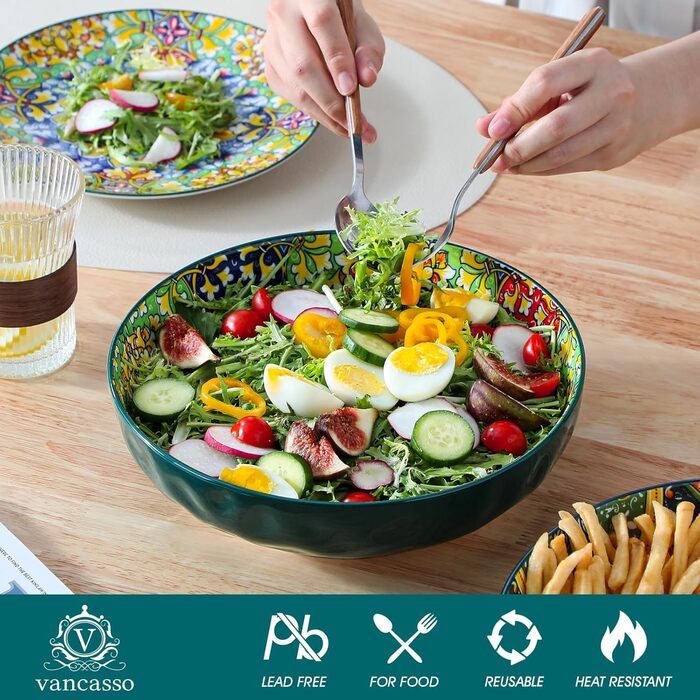 Набір тарілок Vancasso 4 шт. для супу та салату, керамічні, 2340 мл, темно-синій та зелений, придатні для миття в посудомийній машині та мікрохвильовці