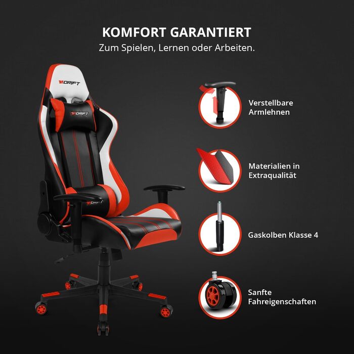 Геймерське крісло Drift Gaming DR175PINK: професійне, чорно-рожеве, екошкіра, регульовані підлокітники, газліфт 4 класу