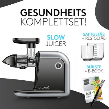 Divaro [THE ORIGINAL] - Slow Juicer - Vegetable and Fruit Extractor - [150 W] Vitamin-Friendly Fruit Extractor with Reverse Function. Includes Cleaning Brush - BPA Free