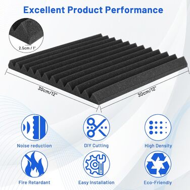 Акустичний поролон для звукоізоляції 30x30x2.5 см, шумопоглинаючі панелі з самоклейкою для студії та домашнього кінотеатру, набір 24 шт