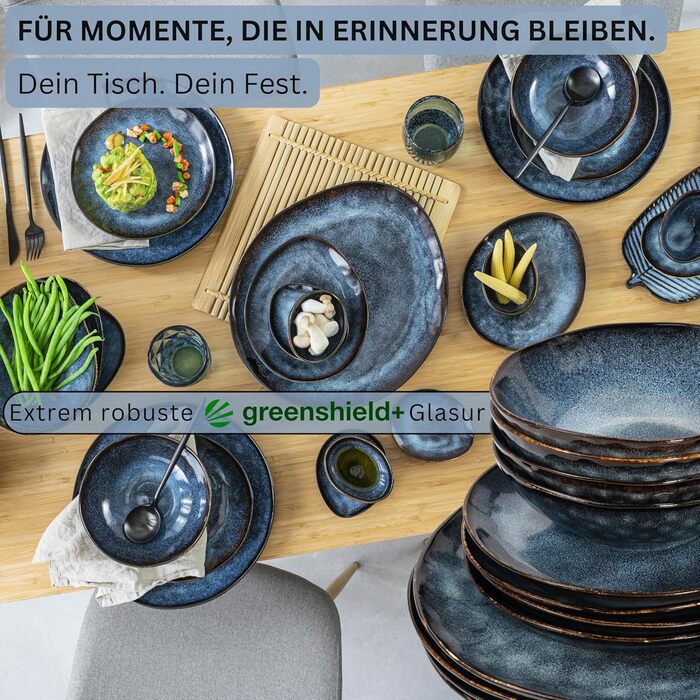 Singer | Tokio 24-Piece Dinnerware Set, Tableware Set for 8 People, Stoneware Tableware Set, Dinnerware, Modern Handmade, Dark Blue Dinner Service with Black Accents | PREMIUM COLLECTION