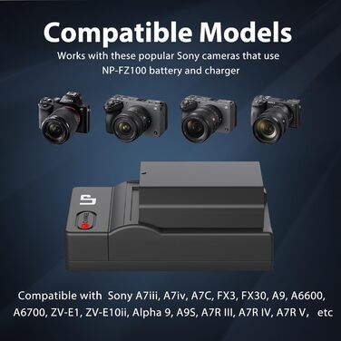 Зарядний пристрій LP NP-FZ100 з LCD-дисплеєм, Dual USB, сумісний з Sony A7iii, A7iv, A7C, A6700, A6600, ZV-E1, ZV-E10ii, FX3, FX30, A9, Alpha 9, Alpha 9S, A9S, A7R3 та A7R4 (2 батареї + AC зарядний пристрій)