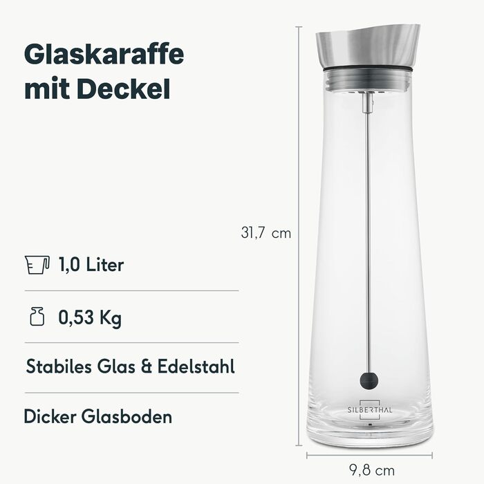 Glass giraffe carafe with lid and fruit skewer - stainless steel lid opens with a tilt - water carafe with fruit strainer, transparent