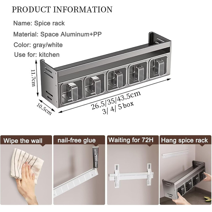 Стильна підставка для спецій з 5 сірими баночками: настільна, настінна, без свердління