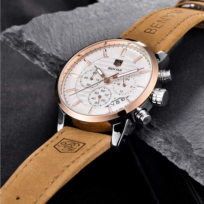 Годинник чоловічий Benyар Chronograph з кварцовим механізмом, водонепроникний, з нержавіючої сталі, для бізнесу, спорту та відпочинку (колір: коричневий, золотий, білий)