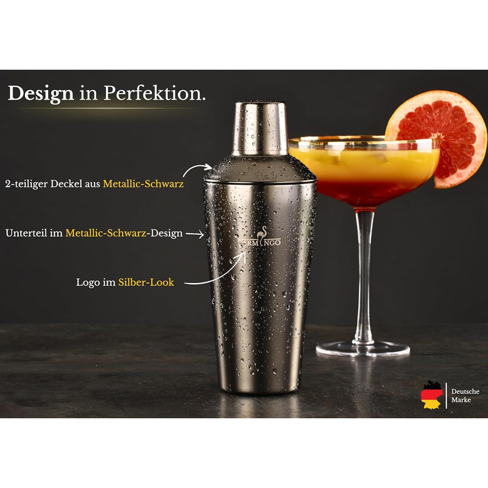 BARMINGO Stainless Steel Cocktail Set - 11 Piece Bar Set with Shaker, Stand & Accessories | Cocktail Shaker Set | Bartender Set | Cocktail Mixing Set | Bar Set | Gift Set | Black Metallic Black