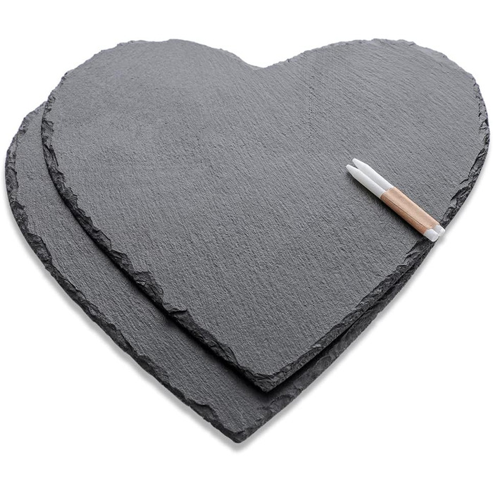 Large Slate Heart 30 cm, 2-Piece Set, Slate Heart Plate with Chalk Marker, Black Slate Serving Platter, Slate Hearts for Serving & Labeling