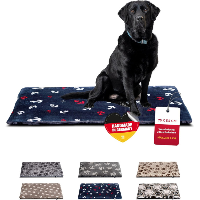 Підстилка для собак XS (45x65 см) – двостороння, м'яка, з наповнювачем 3 см – для дивану, авто, переноски – Made in Germany (75 x 115 см, Колір: Анкер-Блакитний)