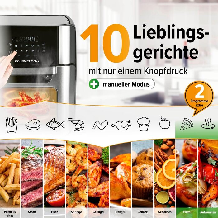 Gourmetmaxx Digital Hot Air Fryer 12 L, XXL Stainless Steel Oven | Air Fryer + Timer, Touch Display, Rotisserie | Low-Fat, Energy-Saving Frying | 10 Programs including Pizza | 1800 W
