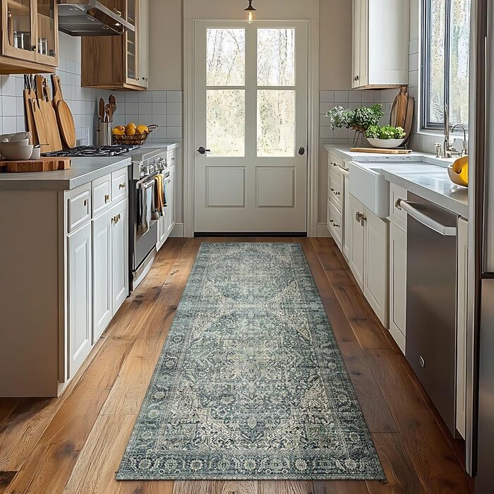 Килим миючий, з штучної вовни, світло-бежевий, для дому, під ліжко, до спальні, обідньої кімнати, під стіл, 2' x 6' (Прямокутний), темно-зелений