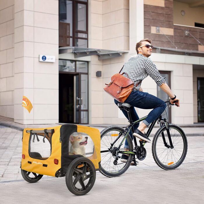 Причіп для собак до велосипеда, складаний, з прапорцем та ременем. Доступні кольори: червоний, пісочний, м'ятний, фіолетово-блакитний, військово-блакитний, військово-зелений