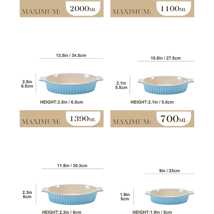 MALACASA Набір форм для запікання Bake.Bake (4 шт.) з кераміки, стійкої до подряпин | Ідеально для лазаньї, супів, тірамісу та іншого (блакитний)