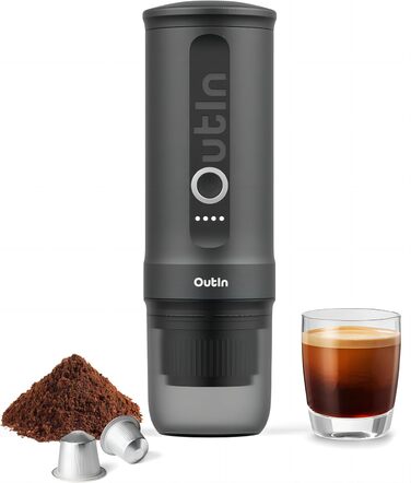 Outin Nano Portable Electric Espresso Machine, Camping Coffee Maker, Self-Heating with USB-C, Compatible with Ground Coffee & Nespresso Capsules, Space Gray