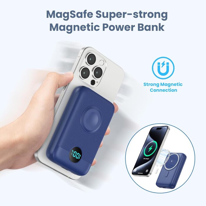 Power Bank магнітний 10800mAh з підтримкою MagSafe, 4-в-1, з зарядкою для Apple Watch, QC4.0+PD 22.5W USB-C, LED-дисплей, сумісний з iPhone 15/14/13/12 Series (Блакитний)