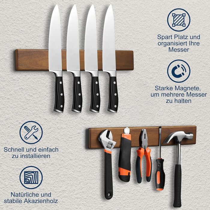 ENOKING Magnetic Knife Rail 40 cm, Magnetic Knife Block without Knives, Magnetic Knife Holder made of Acacia Wood with 4 Hooks