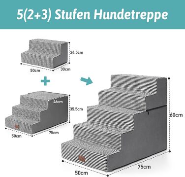 COZY KISS Dog Stairs for Small Dogs, Wide Steps Pet Stairs for Bed Couch Car, 60cm High High-Density Foam Cat Stairs with Removable Cover (7x0x60cm, ) (Black & White, 5, 75x50x60cm-Removable)