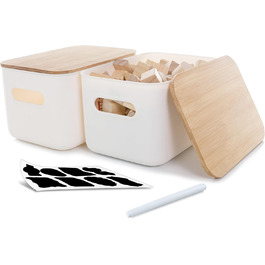 Kerhouze 2 PCS Storage Box with Bamboo Lid White Storage Plastic Box for Organization Stackable Storage Boxes with Handle for Kitchen Bathroom 38.4 * 27 * 15.2cm, 13L (2PACK 6.5L)