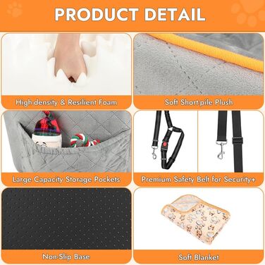 Memory Foam Dog Car Seat for Small Dogs (Under 11kg) - Elevated Design with Storage Pockets (Gray)