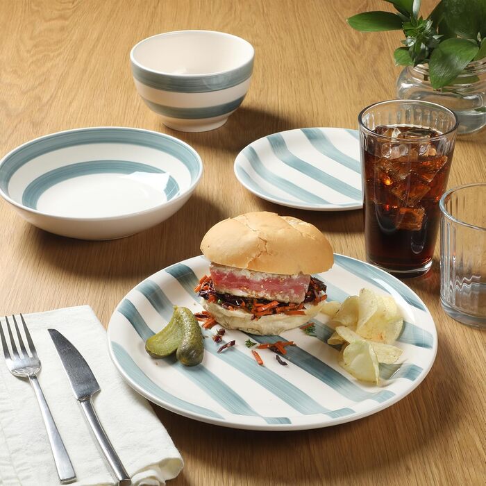 Сервіз Gibson Home Kenwood Shores, 16 предметів, зелений в смужку, ручної роботи, для 4 осіб, кераміка, миюча посуду та для мікрохвильової печі