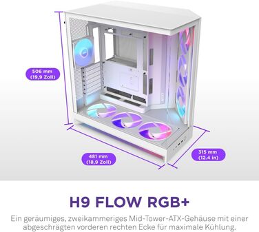Корпус ПК NZXT H9 Flow (2025) – великий Mid-Tower з двома камерами та покращеною вентиляцією – 3 x 140мм та 1 x 120мм вентилятори, підтримка радіатора 420мм, загартоване скло, Back-Connect, Flow RGB Plus 2025, білий колір
