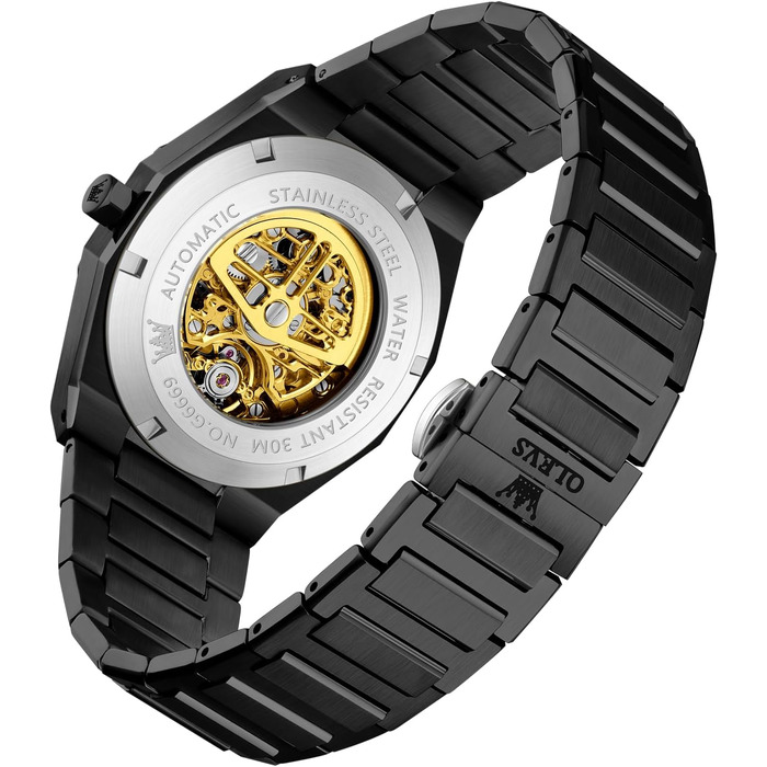 Чоловічий механічний годинник OLEVS Gold Skeleton: автоматичний підзавод, сталь, водонепроникний, з діамантами та підсвіткою (6669 Schwarz)